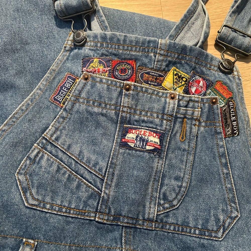 Bugle Boy Men's Blue Denim Overalls with Colorful Patches